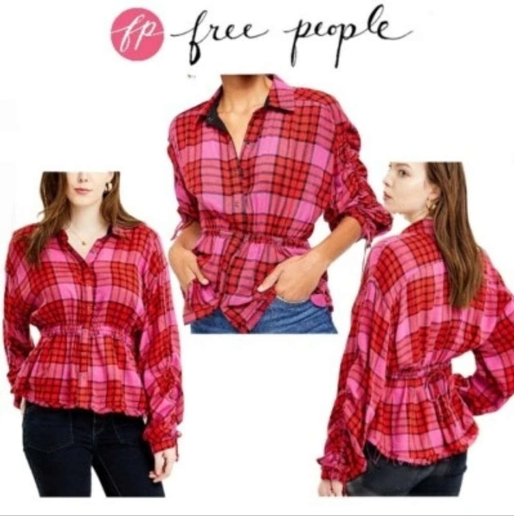 🔥 3 for $25 SALE We The Free People Pink/Red Plaid Button Down Shirt. Size XS